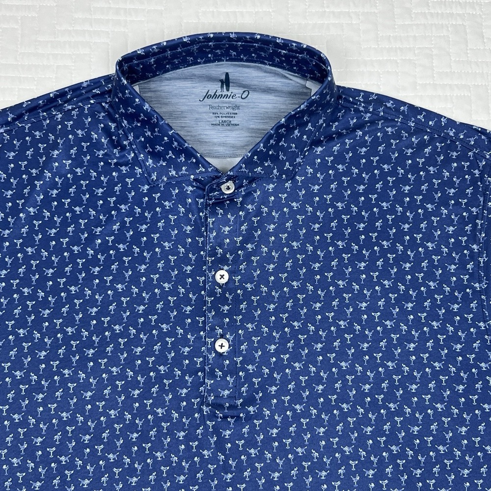 Johnnie-O Featherweight Pin Up Mens L Polo Golf Shirt Cocktails Pattern Blue
